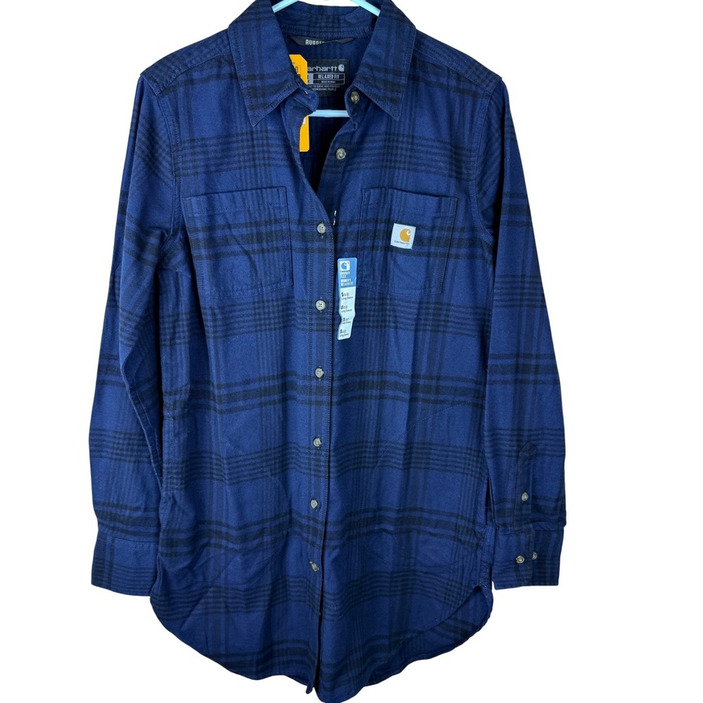 Carhartt‎ Womens Rugged Flex Relaxed Fit Midweight Flannel Plaid Tunic Navy